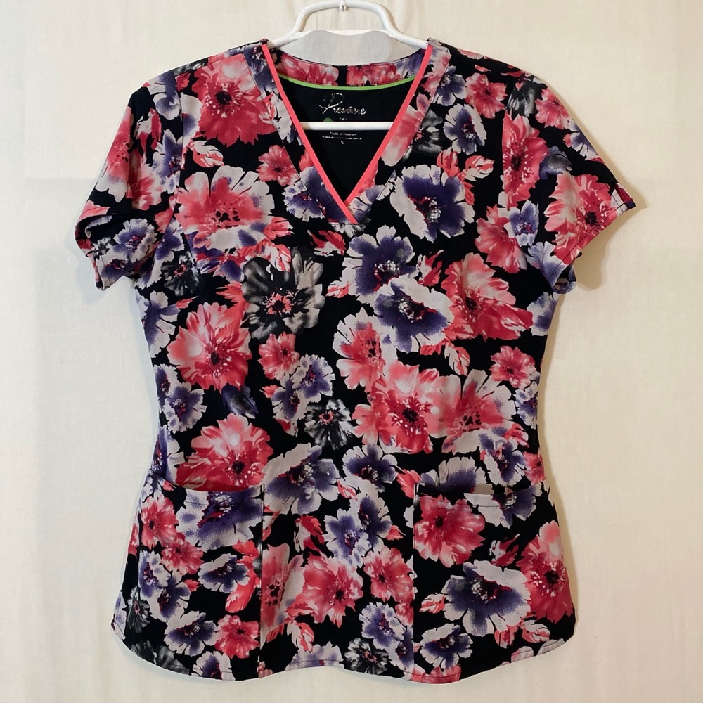 Healing Hands Small V-Neck Multicolor Floral Scrub Top